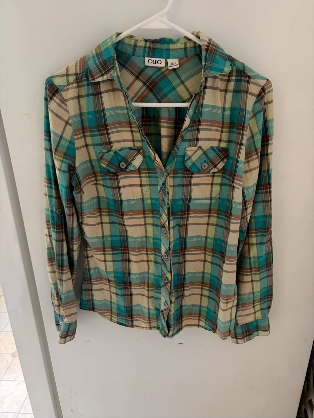 Cato Teal and Cream Plaid Button-Down Shirt